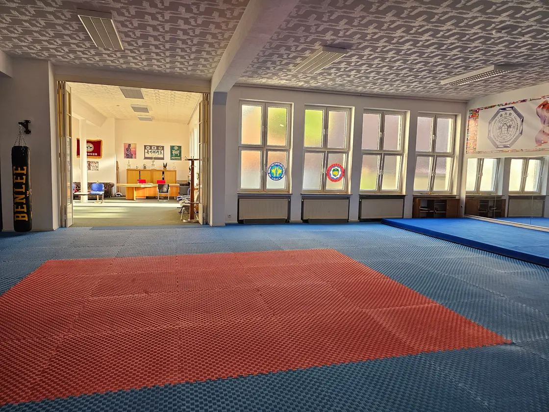 Blick von der Trainingsfläche in den Büro- und Aufenthaltsbereich