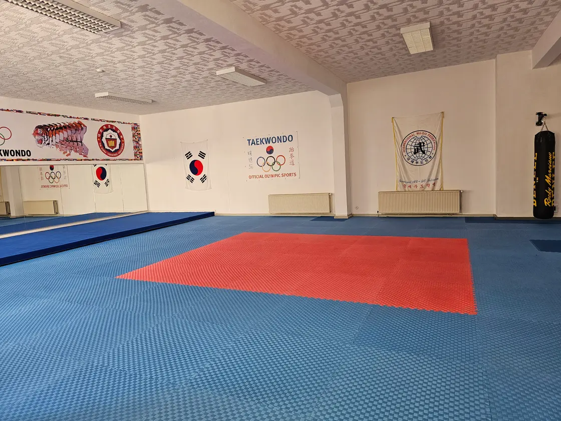 Trainingsraum mit Spiegelwand, koreanischen Fahnen und Olympia-Banner