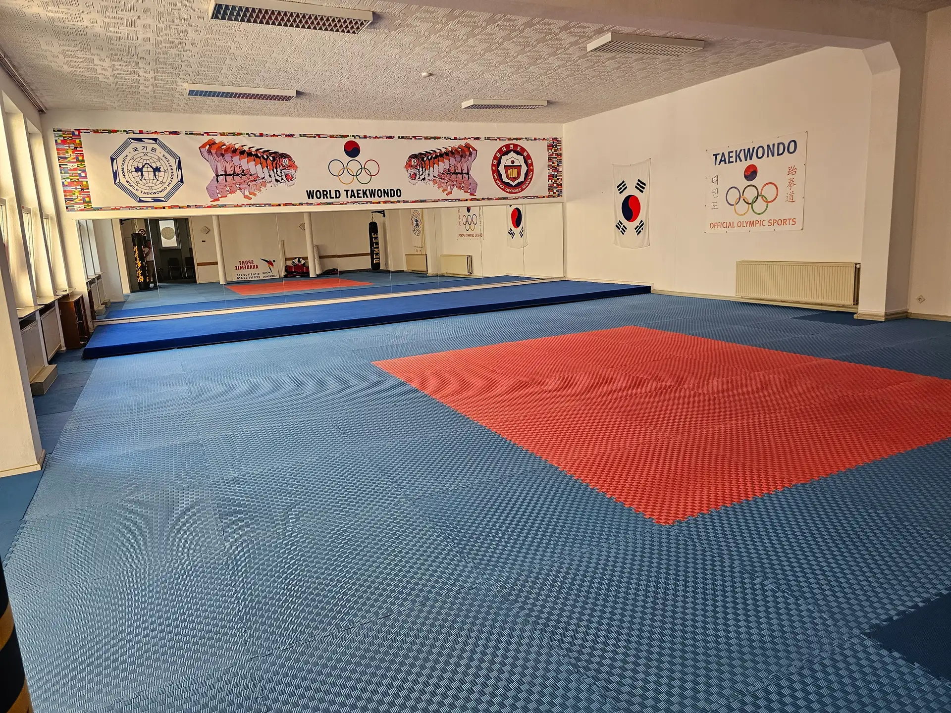 Trainingshalle der Sport Akademie mit World-Taekwondo-Banner und blau-roter Mattenfläche